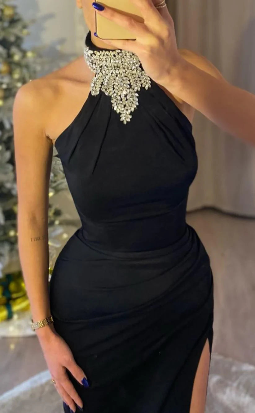 RP1892-New Black Mermaid High Neck Pleated Crystals Sleeveless Chiffon Prom Evening Dresses Formal Party Gowns With Slit