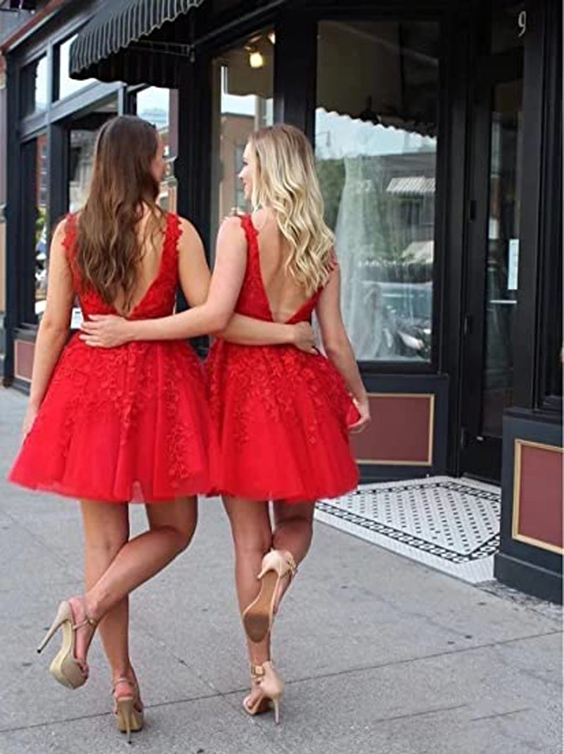 A-Line V Neck Short Red Lace  Beads Appliques Short Red Lace Formal Graduation Homecoming Dress Party Prom Cocktail Dresses