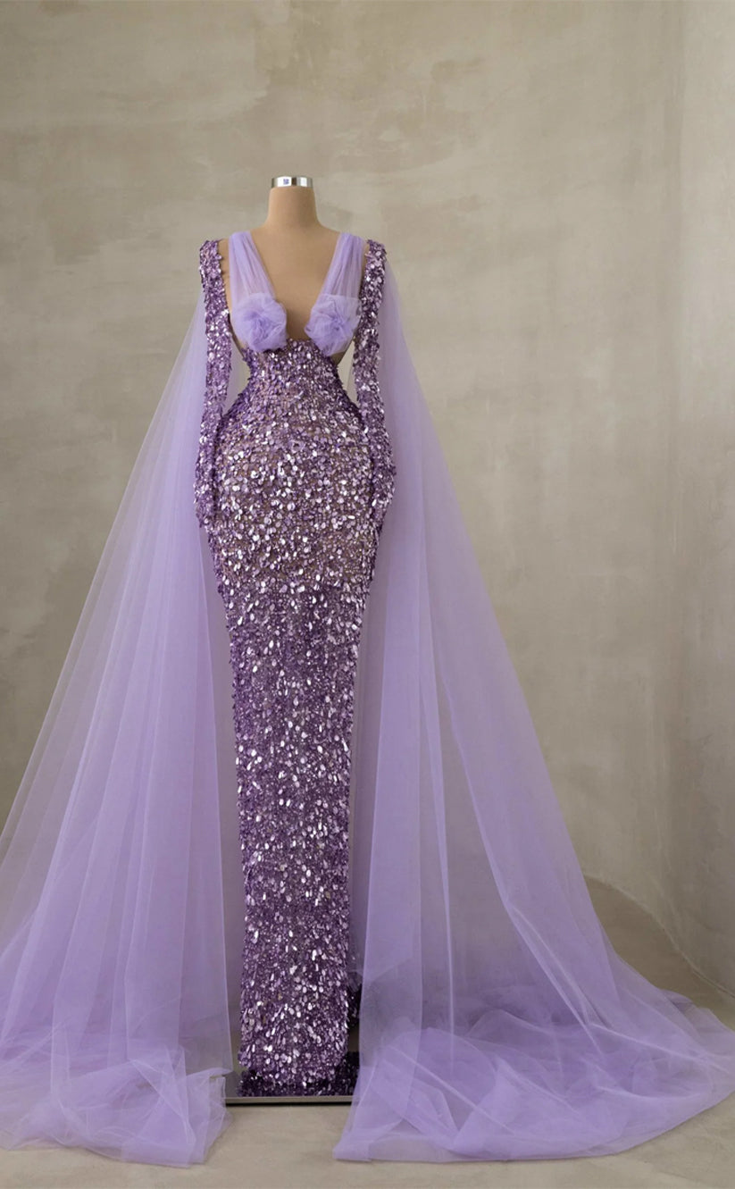 RP266-Purple Trumpet Spaghetti Beads Crystals Sequins Prom Evening Dresses Formal Party Gowns