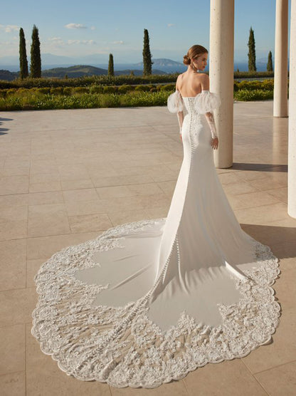 Sexy Mermaid Wedding Dresses Sweetheart Beads Appliques Detachable Puffy Long Sleeves Lace Court Train Bridal Gowns