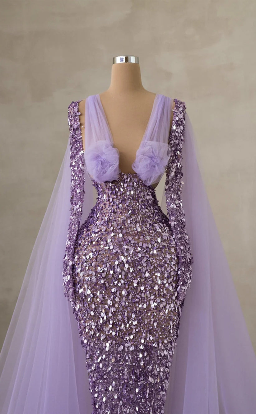 RP266-Purple Trumpet Spaghetti Beads Crystals Sequins Prom Evening Dresses Formal Party Gowns