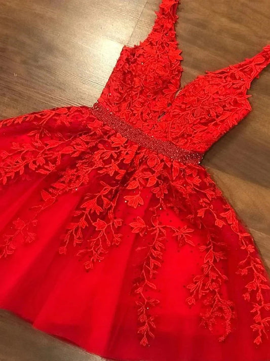 A-Line V Neck Short Red Lace  Beads Appliques Short Red Lace Formal Graduation Homecoming Dress Party Prom Cocktail Dresses