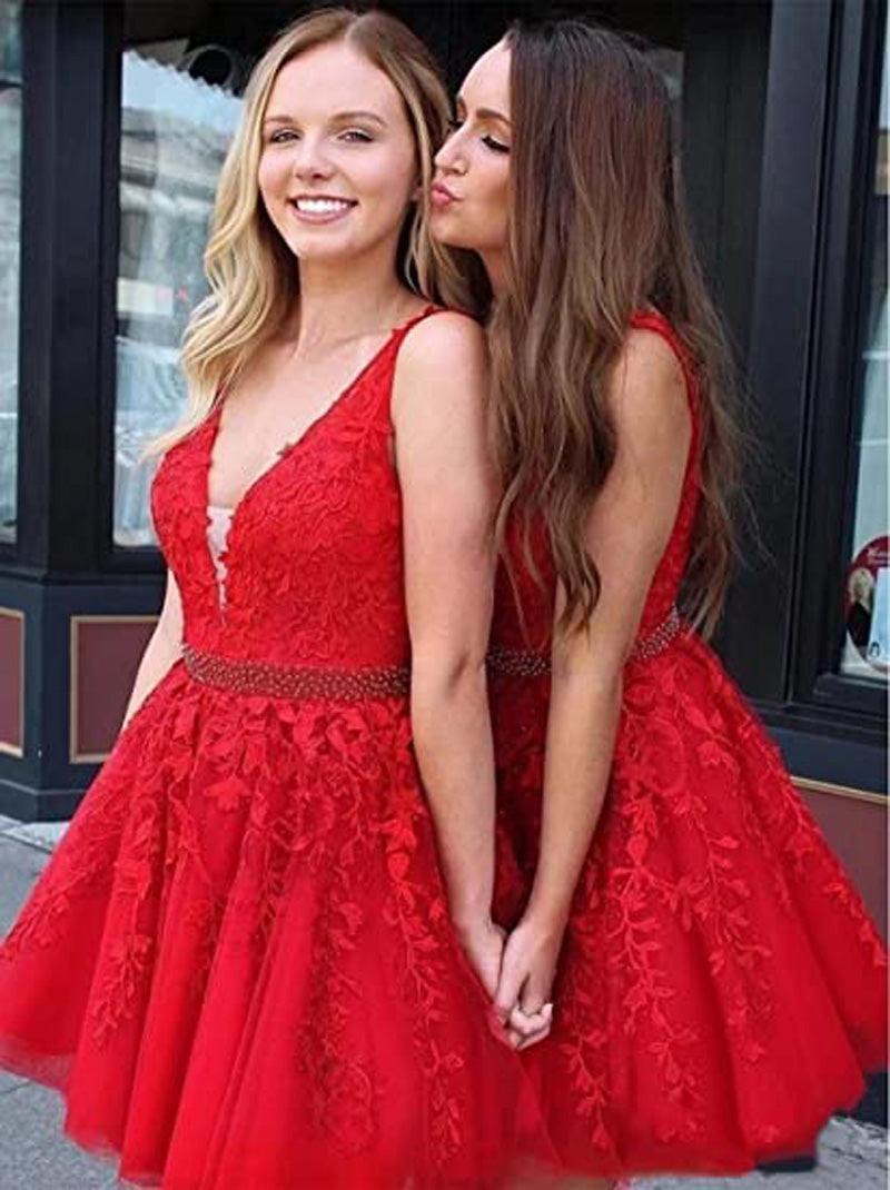 A-Line V Neck Short Red Lace  Beads Appliques Short Red Lace Formal Graduation Homecoming Dress Party Prom Cocktail Dresses