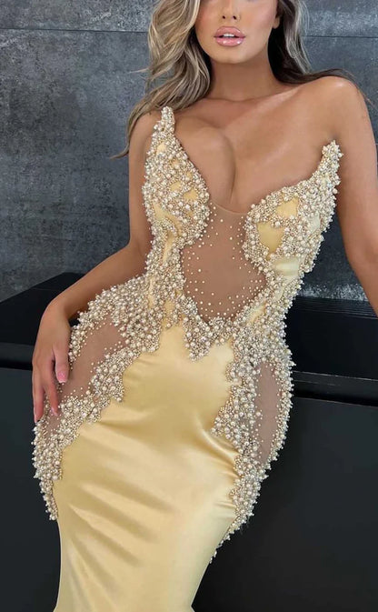 RP1014-Elegant Mermaid Sweetheart Pearls Crystals Sleeveless Long Prom Evening Dresses Formal Party Gowns