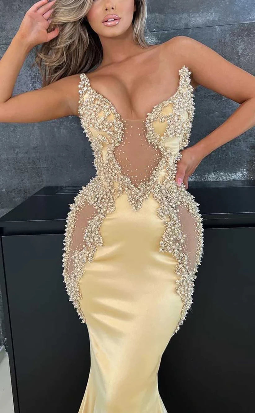 RP1014-Elegant Mermaid Sweetheart Pearls Crystals Sleeveless Long Prom Evening Dresses Formal Party Gowns