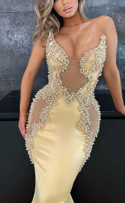 RP1014-Elegant Mermaid Sweetheart Pearls Crystals Sleeveless Long Prom Evening Dresses Formal Party Gowns