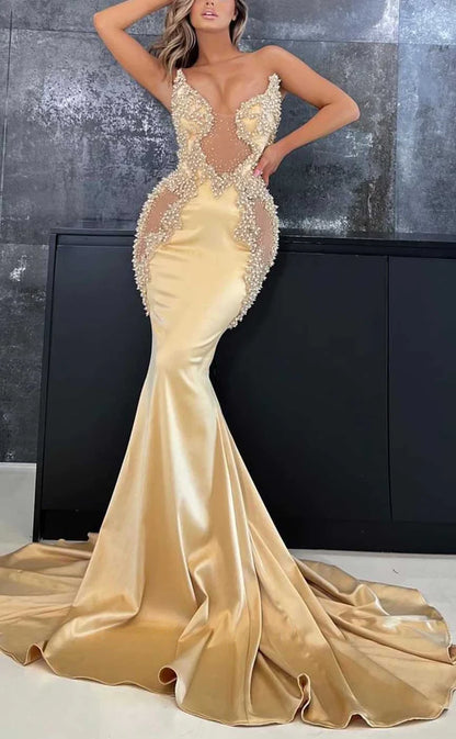 RP1014-Elegant Mermaid Sweetheart Pearls Crystals Sleeveless Long Prom Evening Dresses Formal Party Gowns