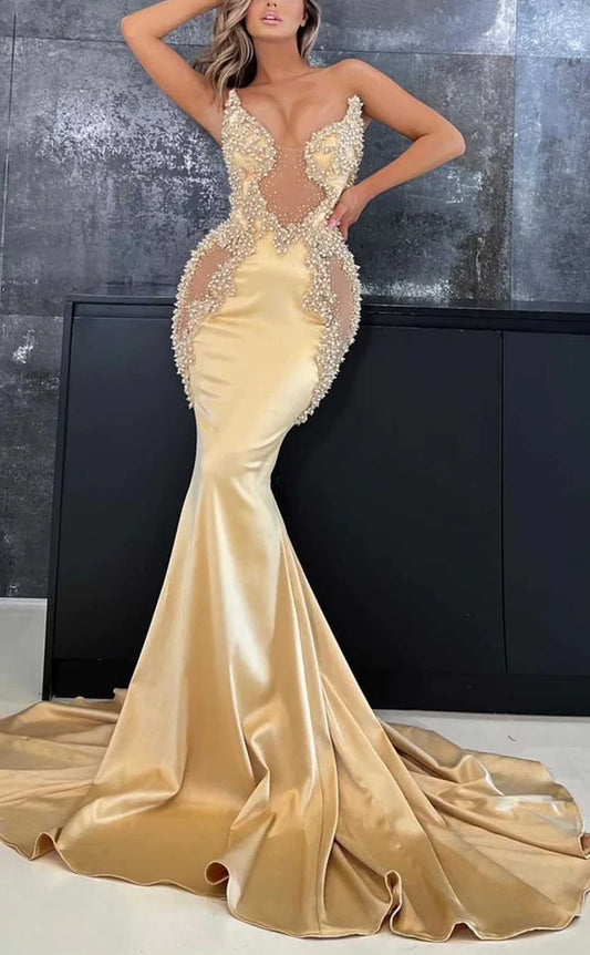 RP1014-Elegant Mermaid Sweetheart Pearls Crystals Sleeveless Long Prom Evening Dresses Formal Party Gowns