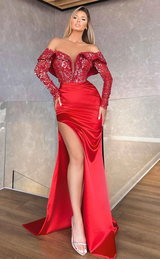 RP2022-Gorgeous Red Mermaid Off-the-Shoulder Sequins Long Sleeves Satin Prom Evening Dresses Formal Party Gowns With Slit