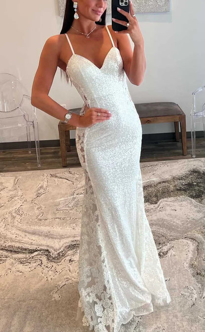 RP1048-Elegant White Mermaid Spaghetti Beads Sequins Sleeveless Long Prom Evening Dresses Formal Party Gowns