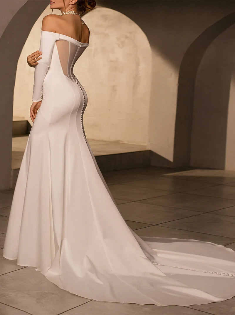 Sexy Mermaid Wedding Dresses Off TheShoulder Buttons Satin Sweep Train Bridal Gowns Custom Made