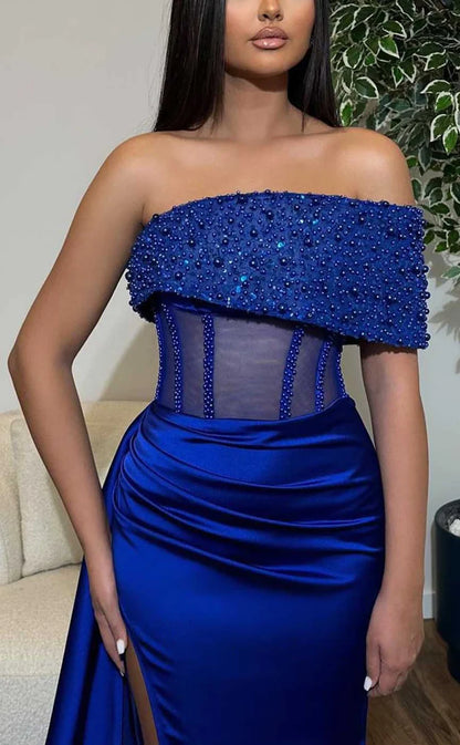 RP1049-Elegant Royal Blue Mermaid One Shoulder Beads Ruched Sleeveless Long Prom Evening Dresses Formal Party Gowns With Slit