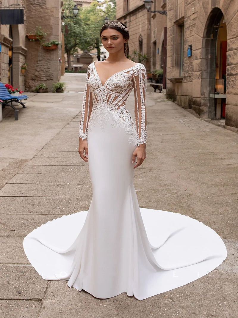 Sexy Mermaid Wedding Dresses V-Neck Appliqued Satin Sweep Train Bridal Gowns Custom Made