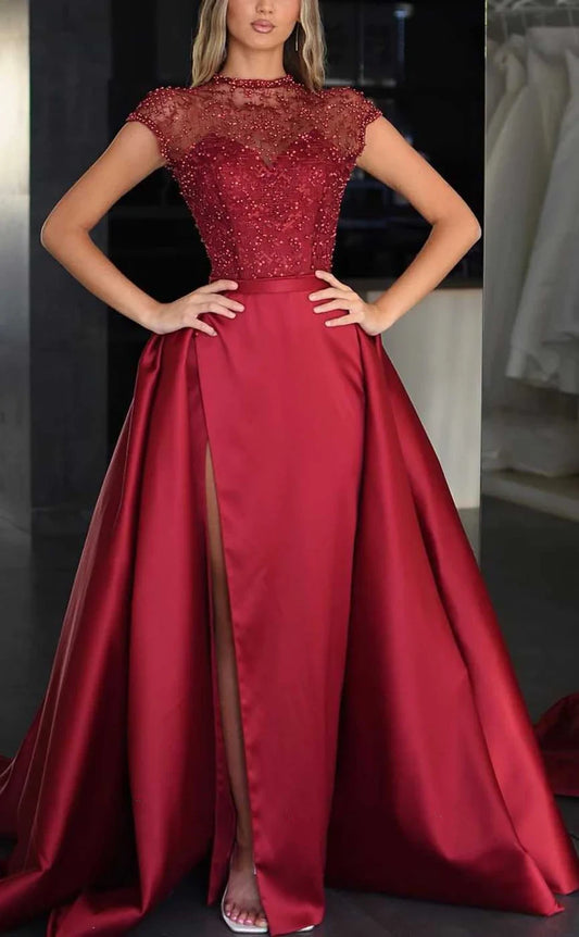 RP1054-Gorgeous A-Line High Neck Beads Sequins Cap Sleeves Long Prom Evening Dresses Formal Party Gowns With Slit