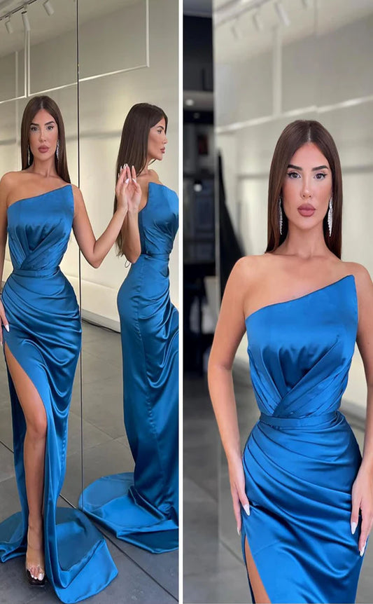 RP2049-Elegant Blue Mermaid Strapless Pleated Sleeveless Satin Prom Evening Dresses Formal Party Gowns With Slit