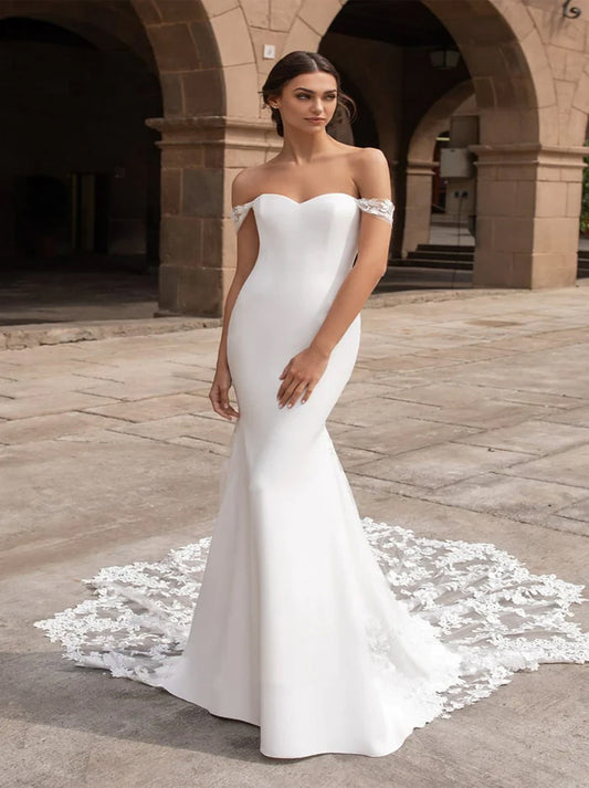 Sexy Mermaid Wedding Dresses Off The Shoulder Lace Satin Sweep Train Bridal Gowns Custom Made