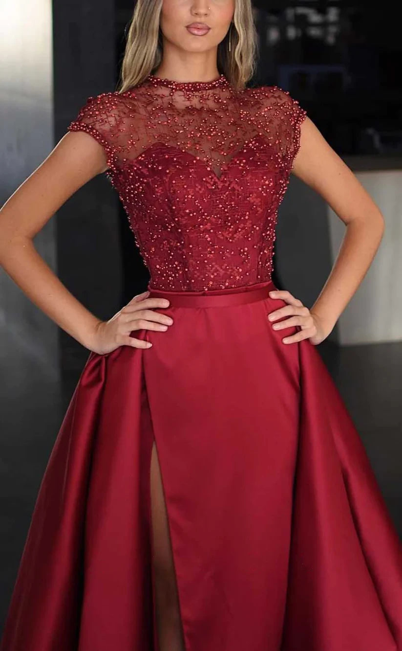 RP1054-Gorgeous A-Line High Neck Beads Sequins Cap Sleeves Long Prom Evening Dresses Formal Party Gowns With Slit