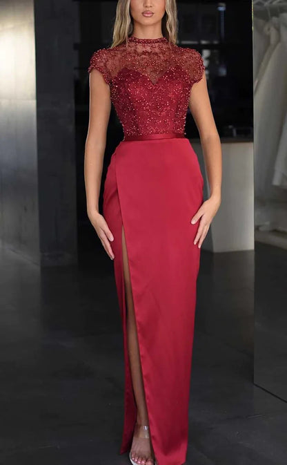 RP1055-Gorgeous Mermaid High Neck Beads Sequins Cap Sleeves Long Prom Evening Dresses Formal Party Gowns With Slit