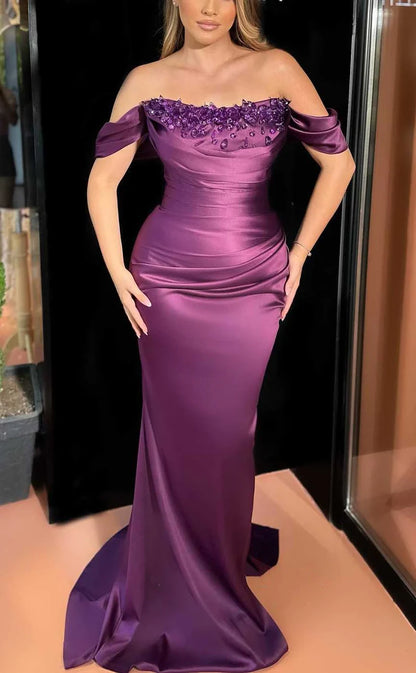 RP1053-Elegant Mermaid Purple Off-the-Shoulder Ruched Crystals Cap Sleeves Long Prom Evening Dresses Formal Party Gowns