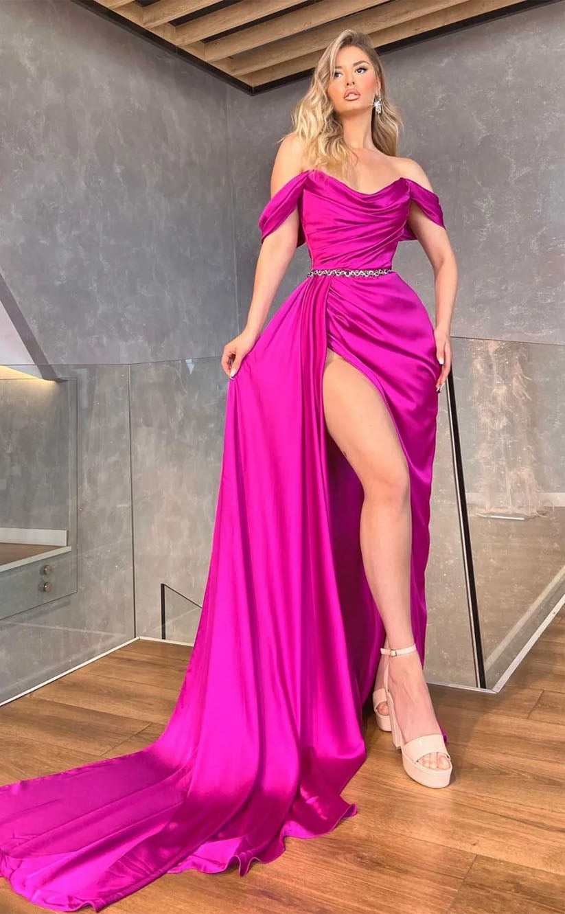 RP2024-Gorgeous Pink Mermaid Off-the-Shoulder Crystals Sleeveless Satin Prom Evening Dresses Formal Party Gowns With Slit