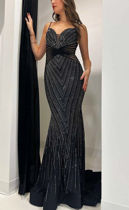 RP1052-Elegant Black Mermaid Spaghetti Beads Sequins Sleeveless Long Prom Evening Dresses Formal Party Gowns