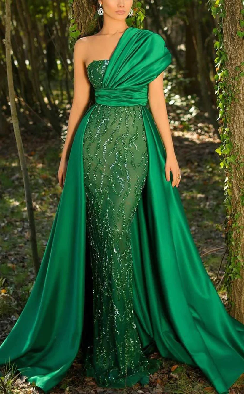 RP1051-Elegant Green Mermaid One Shoulder Beads Sequins Ruched Cap Sleeves Long Prom Evening Dresses Formal Party Gowns With Train