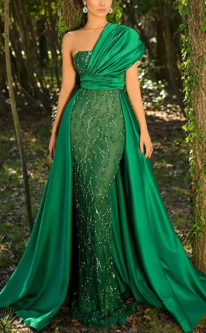 RP1051-Elegant Green Mermaid One Shoulder Beads Sequins Ruched Cap Sleeves Long Prom Evening Dresses Formal Party Gowns With Train