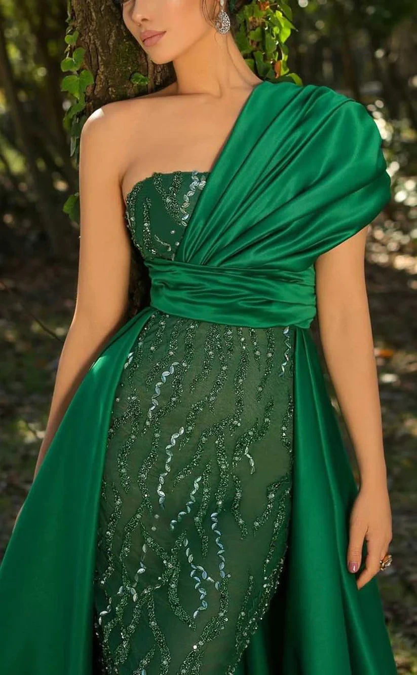 RP1051-Elegant Green Mermaid One Shoulder Beads Sequins Ruched Cap Sleeves Long Prom Evening Dresses Formal Party Gowns With Train