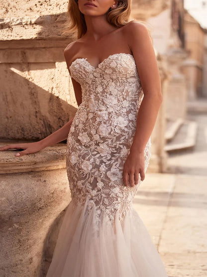 Luxurious Mermaid Wedding Dresses Sweetheart Beads Appliqued Tulle Sweep Train Bridal Gowns Custom Made