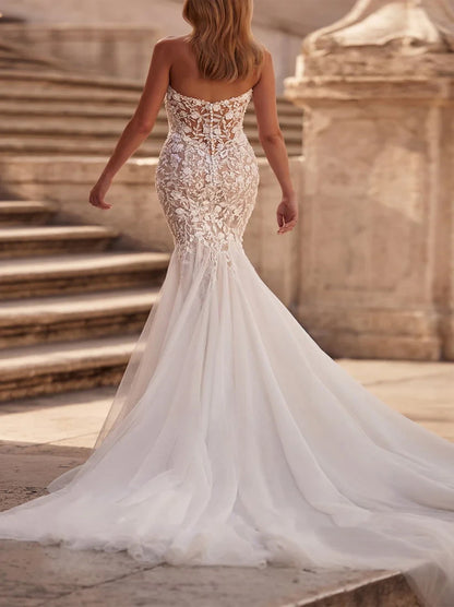 Luxurious Mermaid Wedding Dresses Sweetheart Beads Appliqued Tulle Sweep Train Bridal Gowns Custom Made