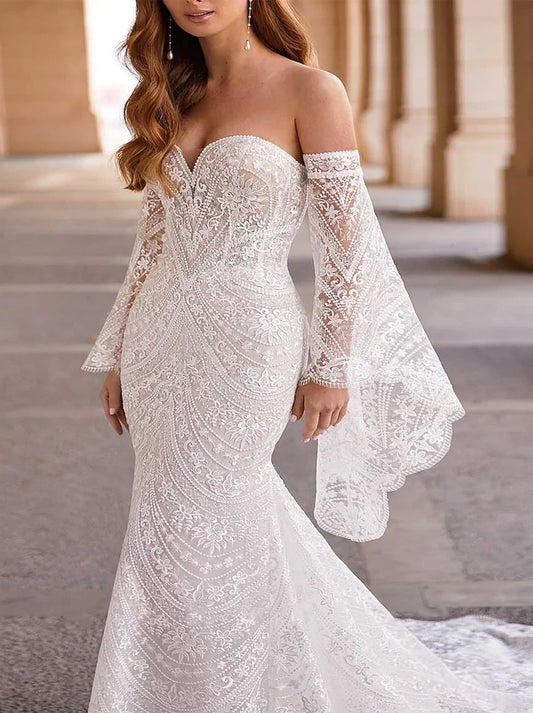 Simple Mermaid Wedding Dresses Sweetheart Puffy Sleeves Lace Sweep Train Bridal Gowns Custom