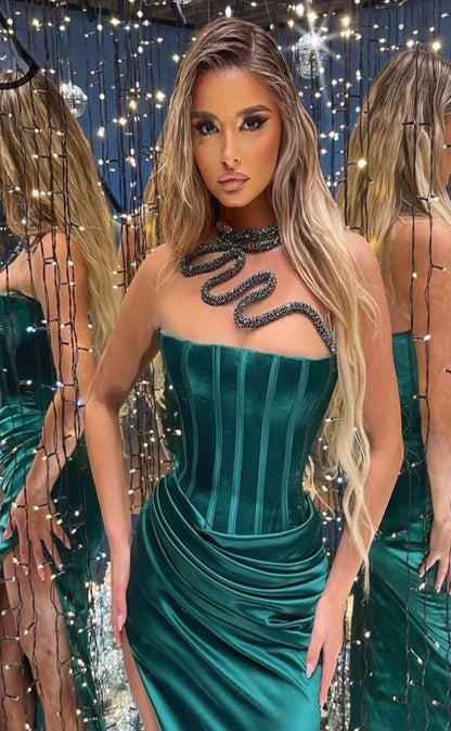 RP2057-Bright Green Mermaid High Neck Sleeveless Pleated Beaded Satin Prom Evening Dresses Formal Party Gowns With Slit