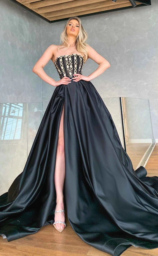 RP2056-Modern Black A-Line Strapless Appliqued Crystals Sleeveless Satin Prom Evening Dresses Formal Party Gowns With Slit