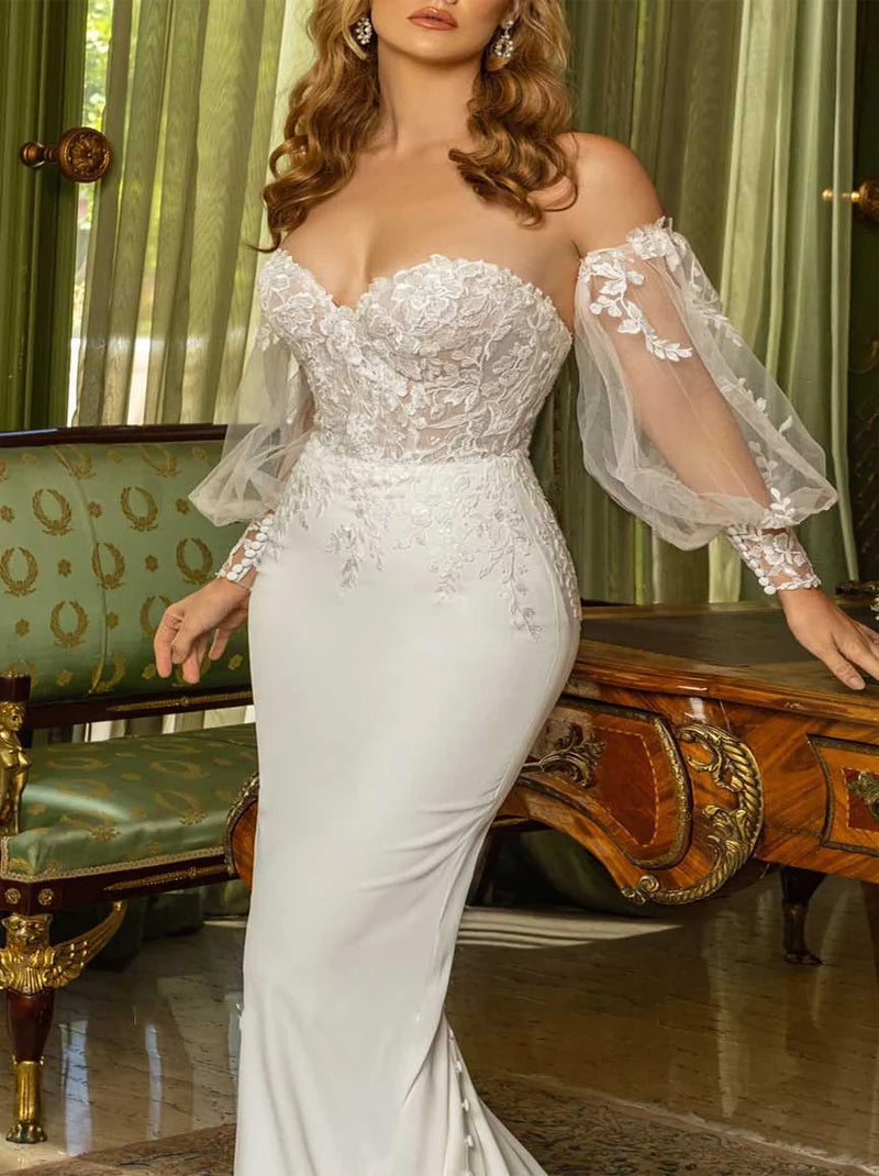 Gorgeous Mermaid Wedding Dresses Sweetheart Appliqued Detachable Long Sleeves Satin Court Train Bridal Gowns Custom Made