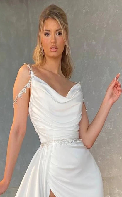 RP2055-Special White Mermaid Spaghetti Pleated Beaded Sleeveless Satin Prom Evening Dresses Formal Party Gowns With Slit