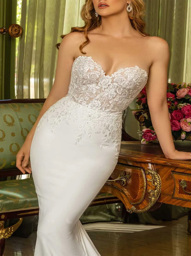 Gorgeous Mermaid Wedding Dresses Sweetheart Appliqued Detachable Long Sleeves Satin Court Train Bridal Gowns Custom Made