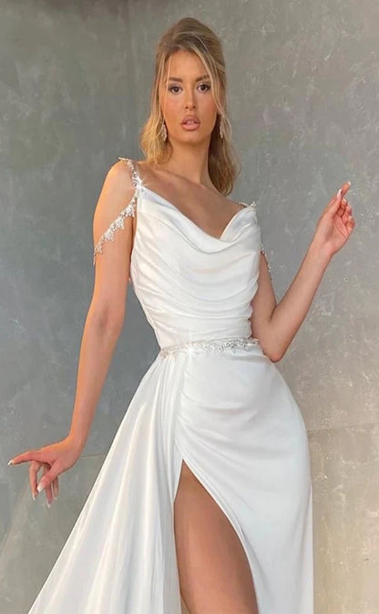 RP2055-Special White Mermaid Spaghetti Pleated Beaded Sleeveless Satin Prom Evening Dresses Formal Party Gowns With Slit