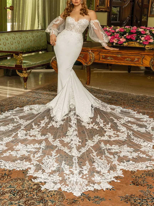 Gorgeous Mermaid Wedding Dresses Sweetheart Appliqued Detachable Long Sleeves Satin Court Train Bridal Gowns Custom Made