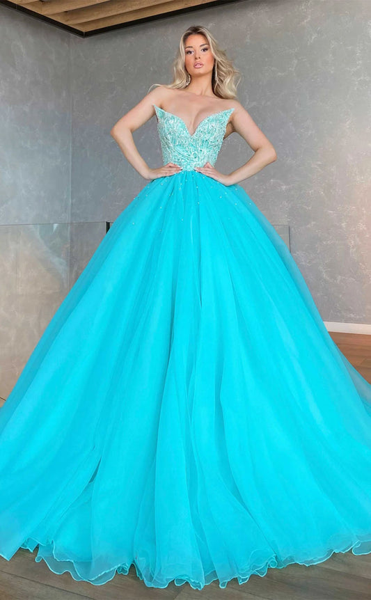 RP2058-Bright Sky Blue Ball Gown Sweetheart Beaded Sleeveless Tulle Prom Evening Dresses Formal Party Gowns With Train