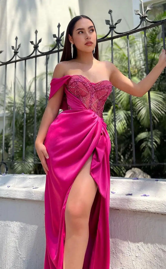 RP2044-Modern Fuchsia Mermaid One Shoulder Beaded Pleated Satin Prom Evening Dresses Formal Party Gowns With Slit