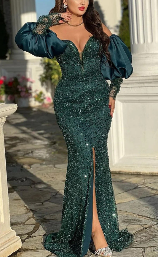 RP1039-Sparkling Green Mermaid Sweetheart Sequins Beads Long Sleeves Long Prom Evening Dresses Formal Party Gowns With Slit