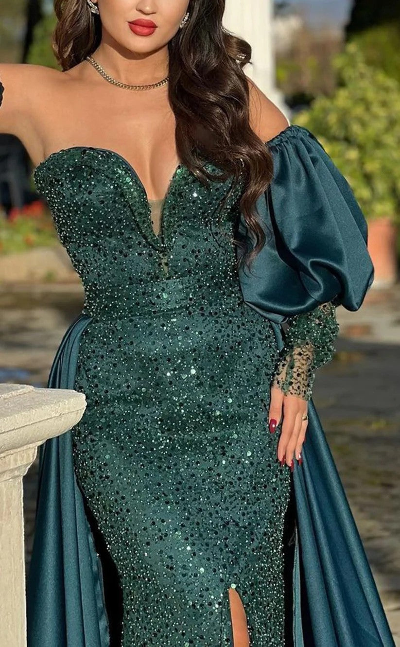 RP1039-Sparkling Green Mermaid Sweetheart Sequins Beads Long Sleeves Long Prom Evening Dresses Formal Party Gowns With Slit