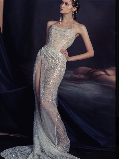 Sparkling & Unique Mermaid Boho Wedding Dresses Strapless Sequins Beads Sweep Train Bridal Gowns With Slit