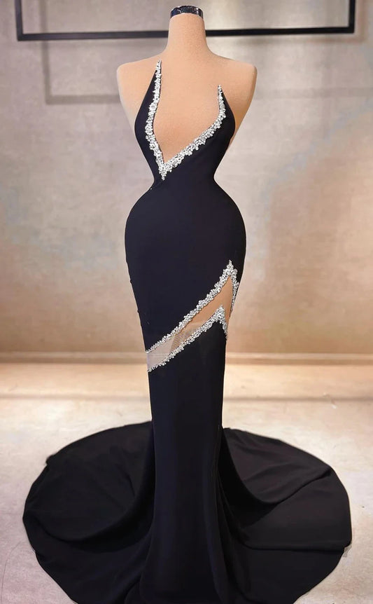 RP419-Two Style Black Mermaid Illusion Neck Beads Crystals Sleeveless Long Prom Evening Dresses Formal Party Gowns With Cut Out