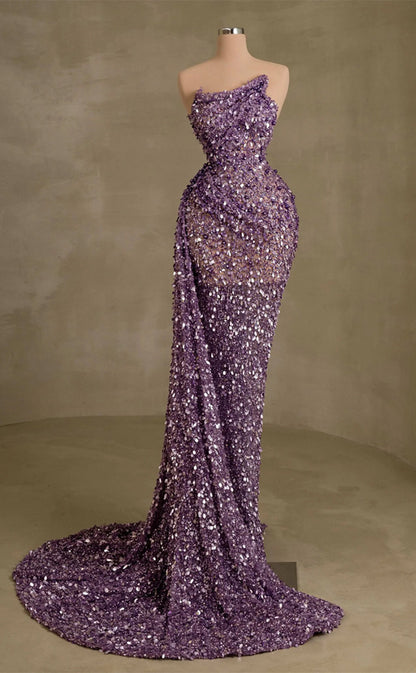 RP265-Purple Trumpet Strapless Beads Crystals Sequins Prom Evening Dresses Formal Party Gowns