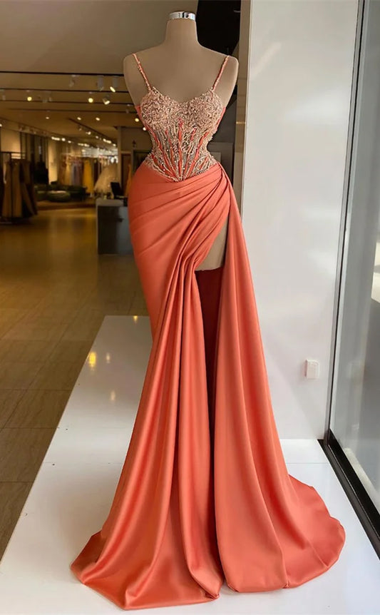 RP355-Orange Sheath/Column Spaghetti Pleated Appliqued Sleeveless Prom Evening Dresses Formal Party Gowns With Slit