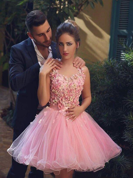 New Pink Halter Neck Backless 3D Flowers Beads Backless Short Cocktail Dresses Elegant Prom Gowns Tulle Homecoming Graduation Dresses Free