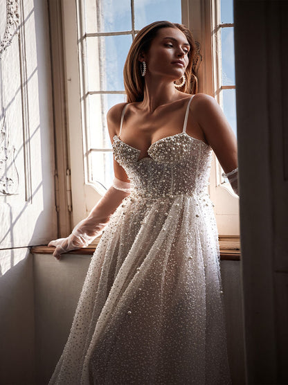 Sparkling & Gorgous A-Line Wedding Dresses Spaghetti Beads Pearls Sleeveless Sweep Train Sequins Boho Bridal Gowns Custom Made