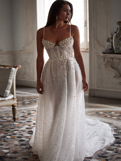 Sparkling & Gorgous A-Line Wedding Dresses Spaghetti Beads Pearls Sleeveless Sweep Train Sequins Boho Bridal Gowns Custom Made