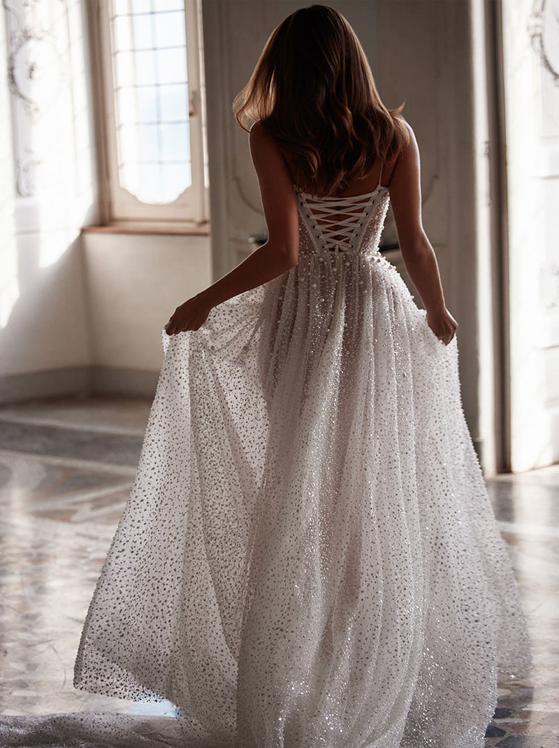 Sparkling & Gorgous A-Line Wedding Dresses Spaghetti Beads Pearls Sleeveless Sweep Train Sequins Boho Bridal Gowns Custom Made